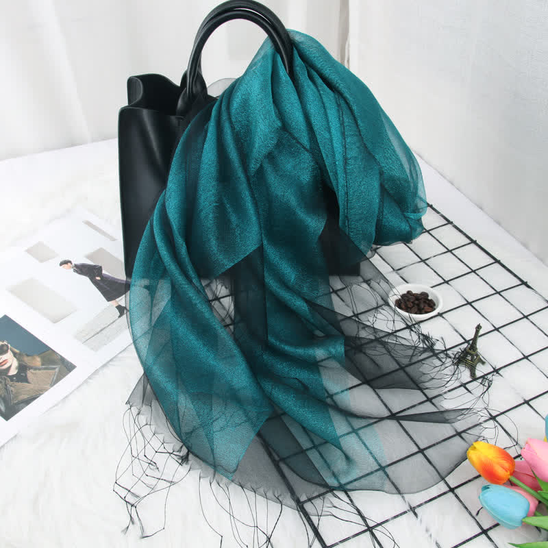 Women's Double Layers Shimmering Tassels Organza Silk Scarf - Image 6