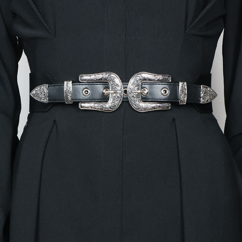 Women's Elastic Double Buckle Leather Belt for Jeans Pants and Dresses
