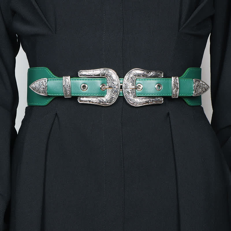 Women's Elastic Double Buckle Leather Belt for Jeans Pants and Dresses - Image 8
