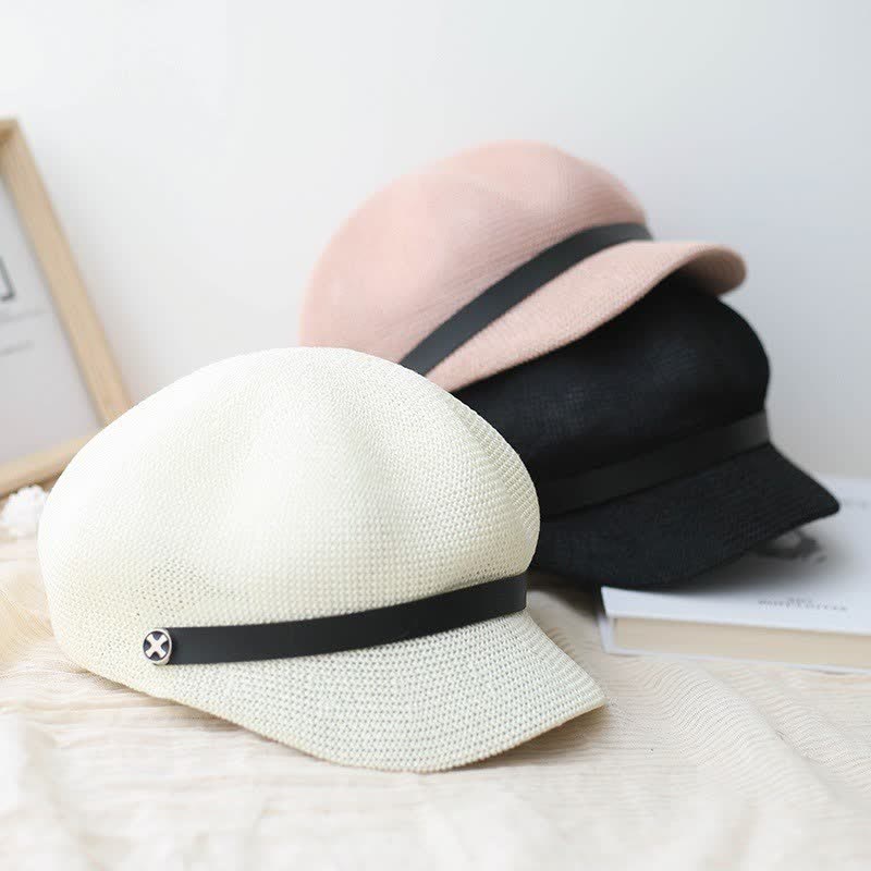 Women's Elegant Black Leather Band Octagonal Straw Beret Hat - Image 3