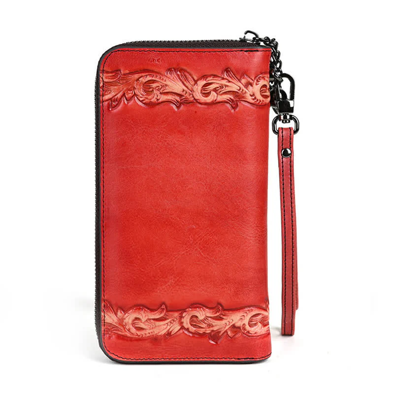 Women's Elegant Floral Long Leather Wallet with Wrist Strap - Image 9