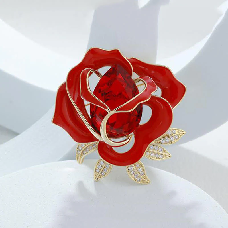 Women's Elegant Red Rose Crystal Bud Brooch - Image 5