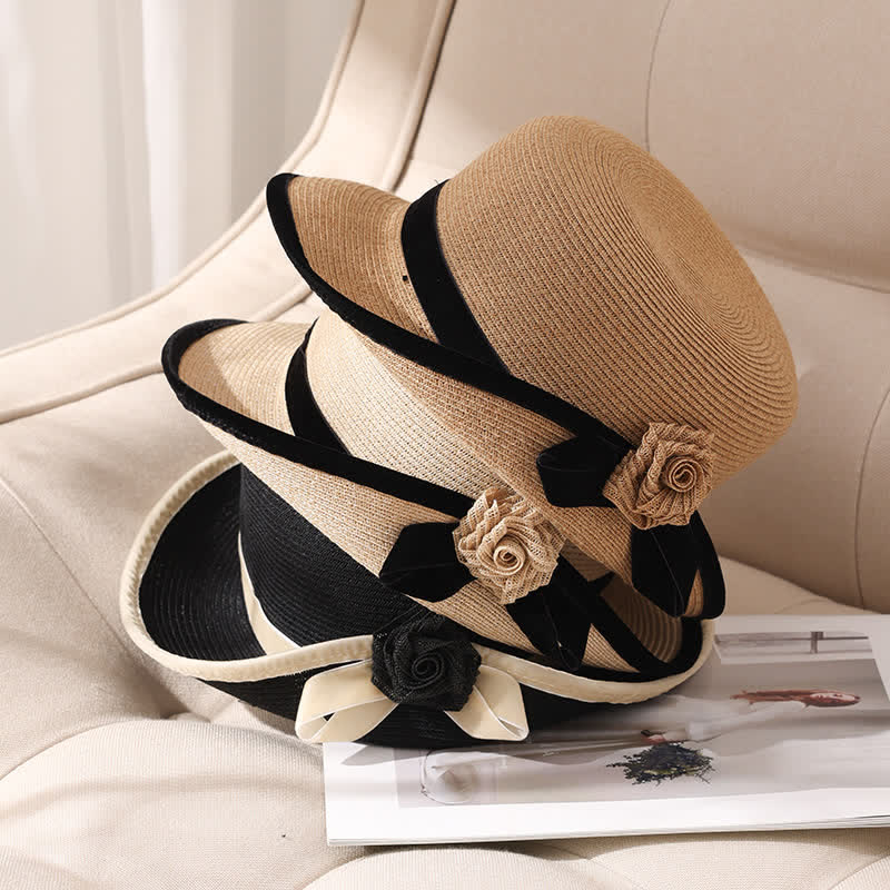 Women's Elegant Two Tone Floral Foldable StrawHat - Image 4