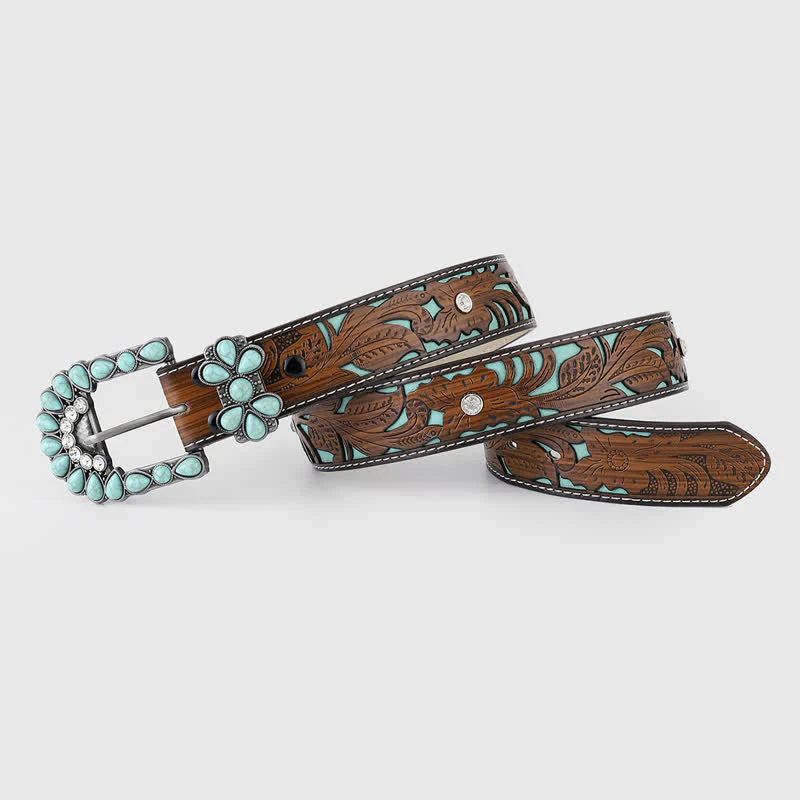 Women's Turquoise Embossed Flower Western Leather Belt - Image 2