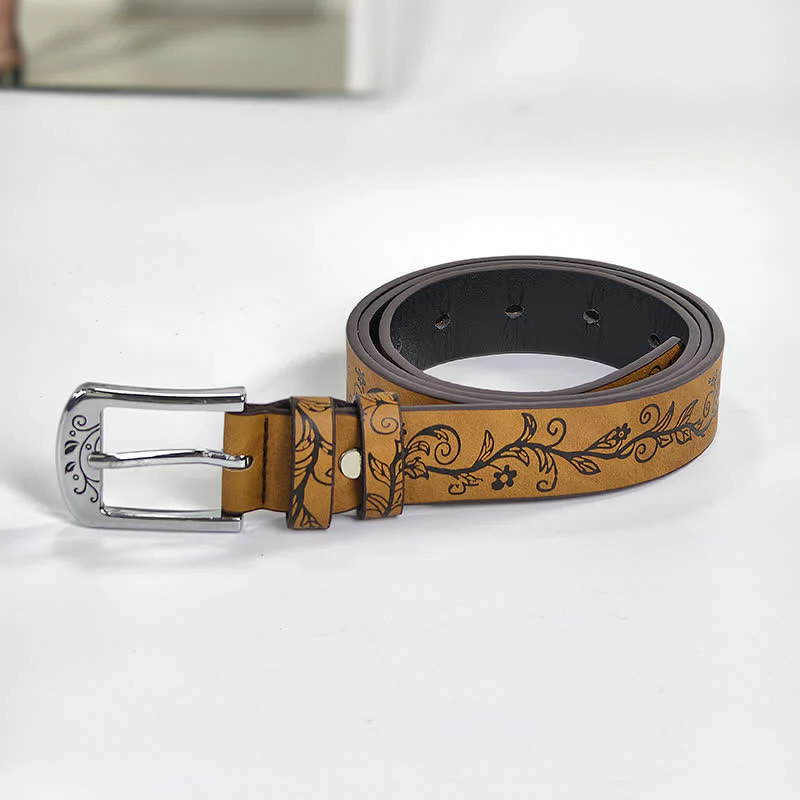 Women's Embossed Leaves Flowers Pattern Leather Belt - Image 10