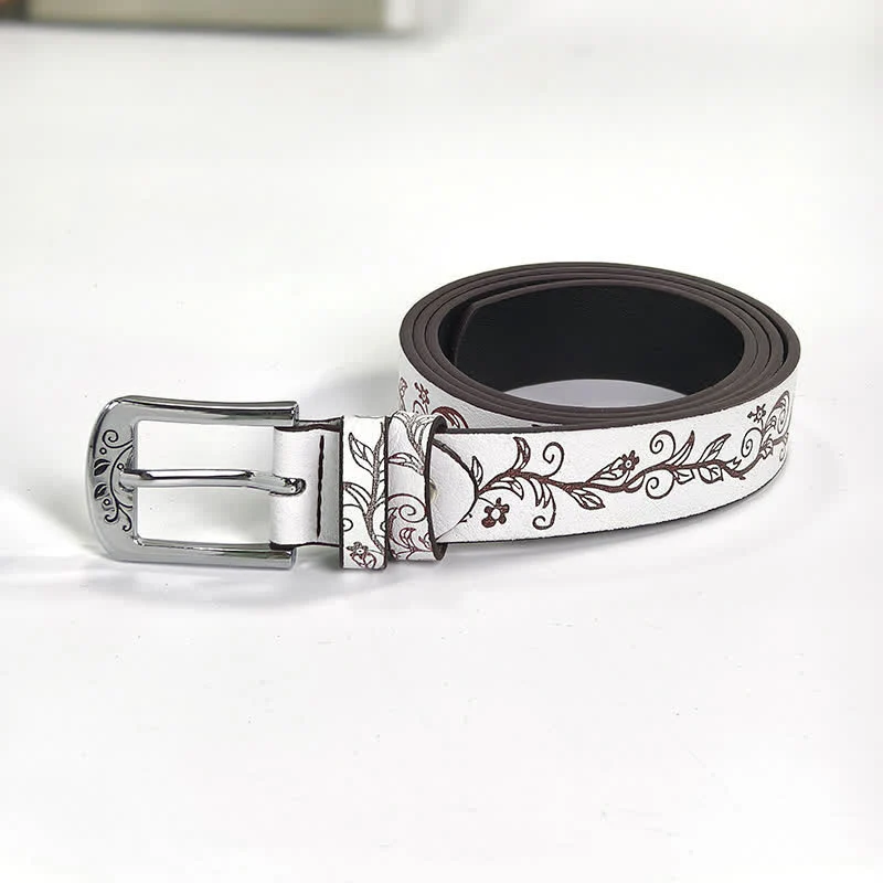 Women's Embossed Leaves Flowers Pattern Leather Belt - Image 15