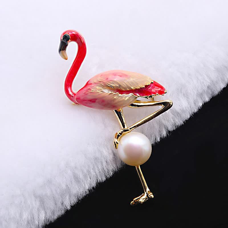 Women's Enameled Flamingo With Pearl Brooch - Image 3