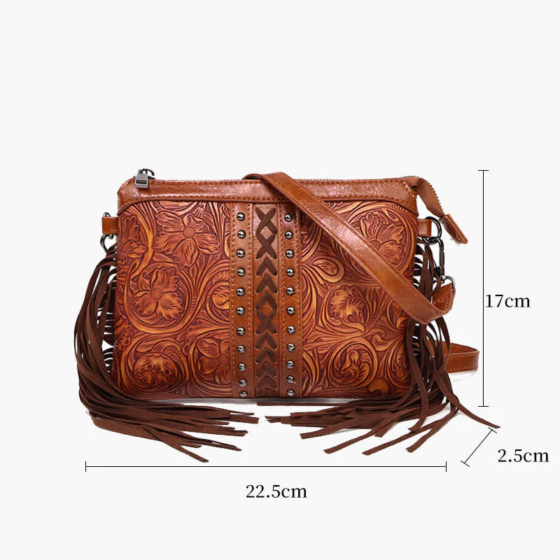 Women's Engraved Boho Flower Pattern Fringe Crossbody Bag - Image 7