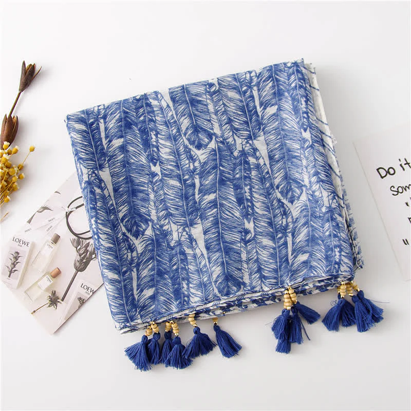 Women's Feather Pattern Beaded Tassels Scarf - Image 5