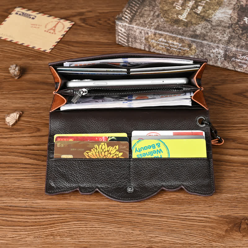 Women's Floral Long Three Folds Leather Wallet With Wrist Strap - Image 4