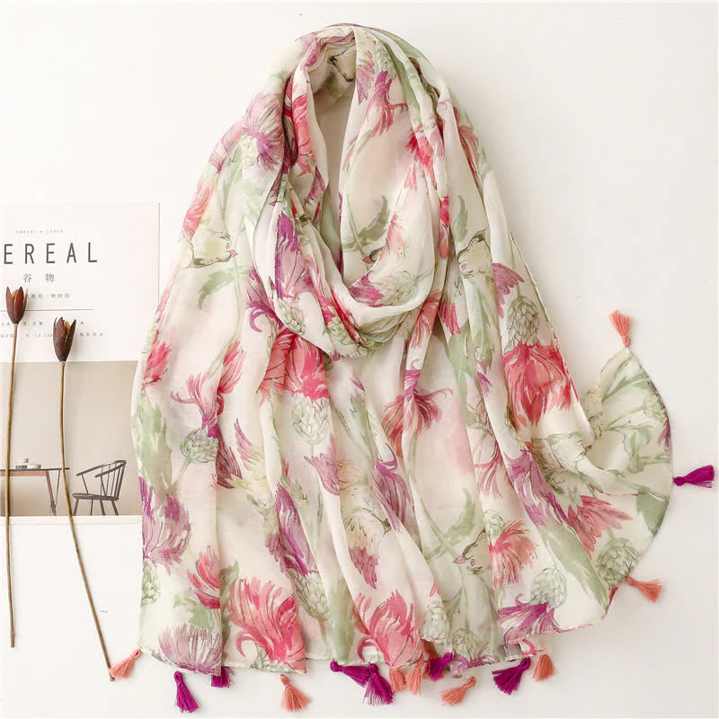 Women's Floral Soft Cape Wheat Fringe Scarf - Image 11
