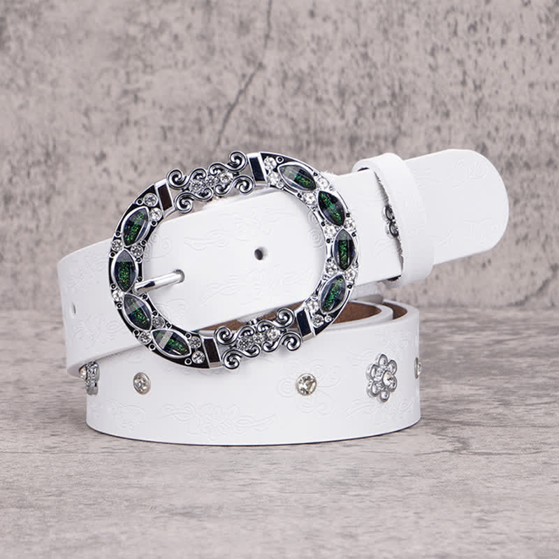 Women's Floral White & Dark Green Rhinestones Leather Belt - Image 10