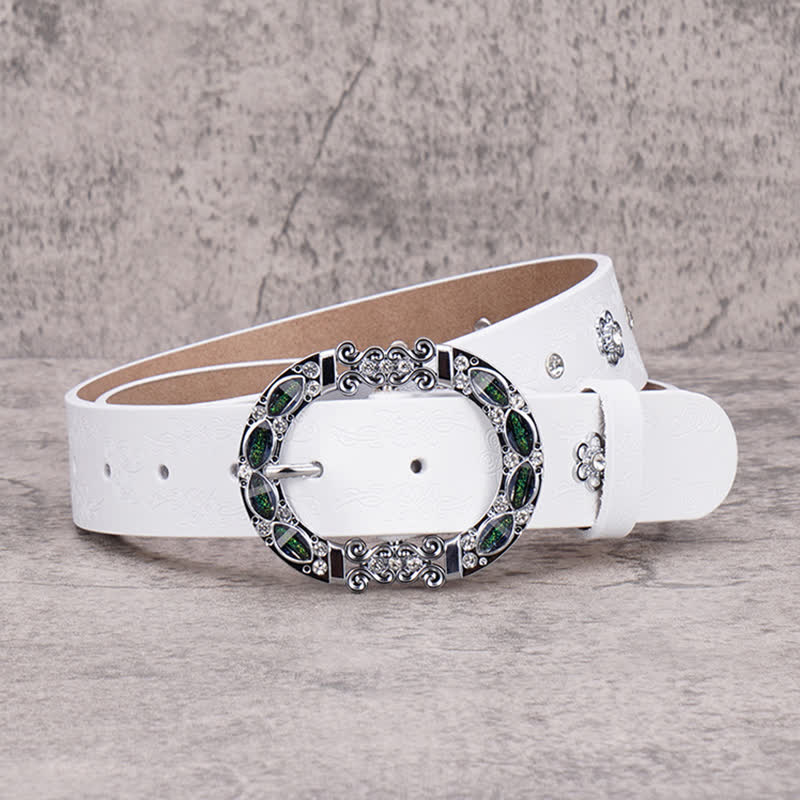Women's Floral White & Dark Green Rhinestones Leather Belt - Image 11