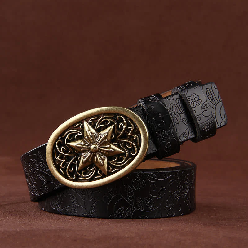 Women's Flower Embossing Five-Pointed Star Buckle Leather Belt - Image 4
