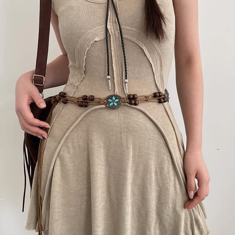 Women's Gemstone Wood Beads Boho Braided Waist Rope Belt - Image 6