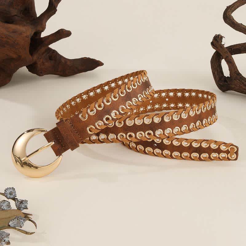 Women's Gold Round Buckle Retro Rope Threading Leather Belt - Image 3