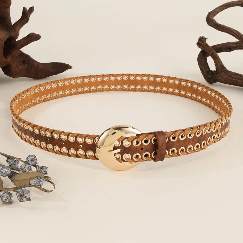 Women's Gold Round Buckle Retro Rope Threading Leather Belt - Image 4