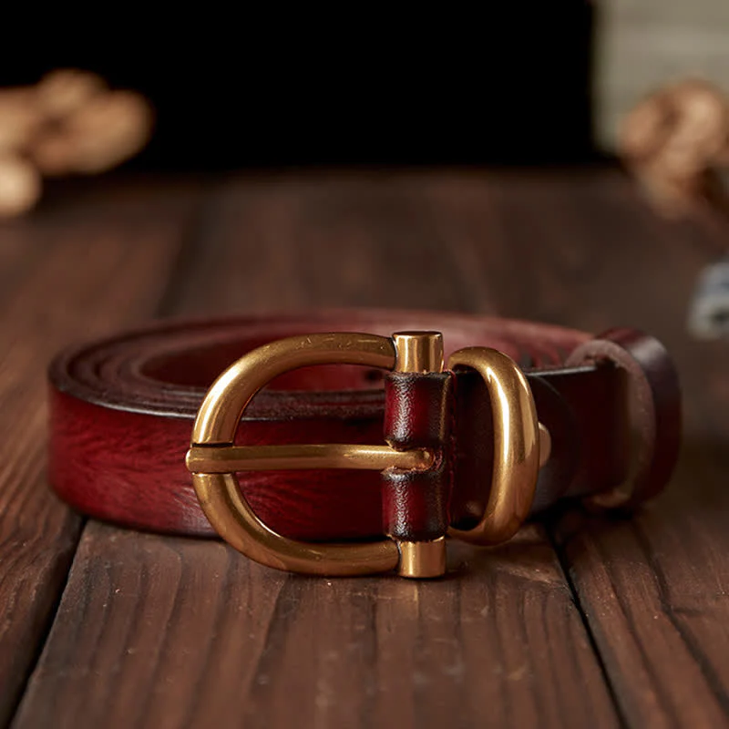 Women's Handmade Narrow Brass Buckle Genuine Leather Belt - Image 5