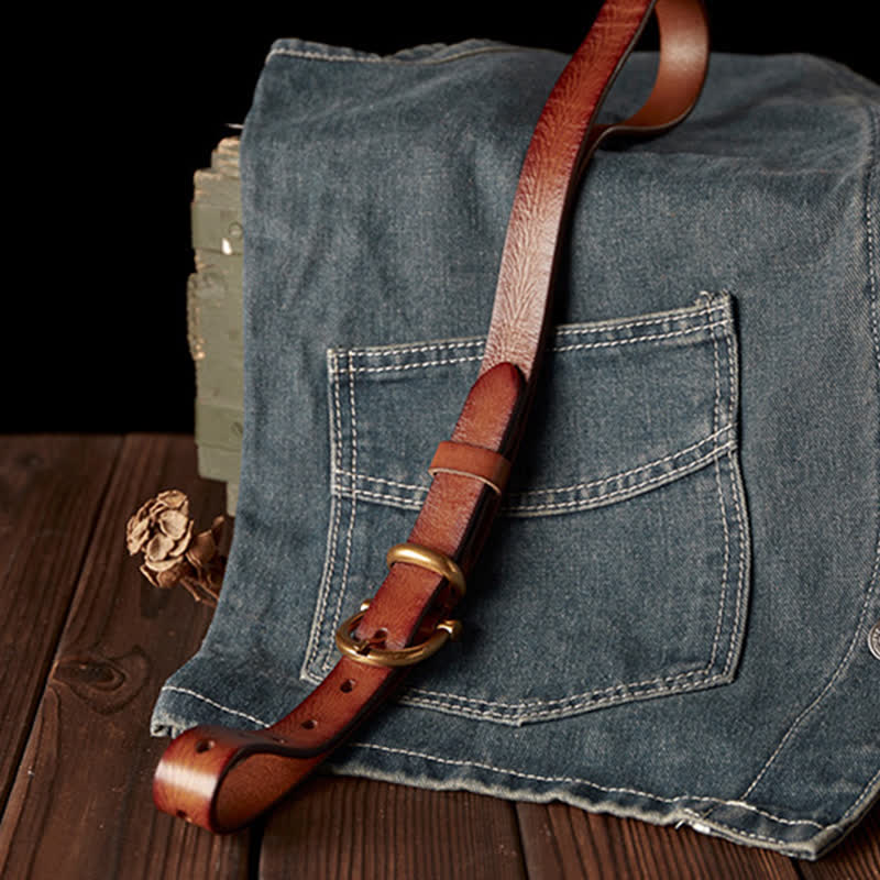 Women's Handmade Narrow Brass Buckle Genuine Leather Belt - Image 6