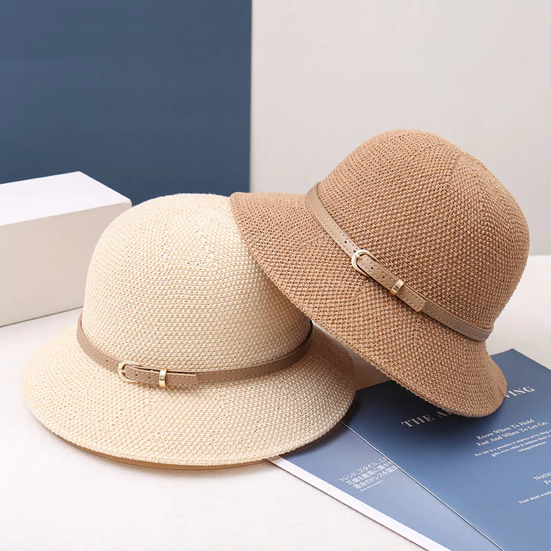 Women's Knitted Leather Strap Decor Bucket Hat - Image 13