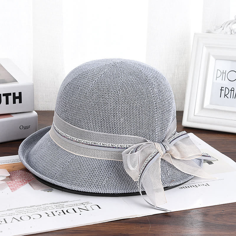 Women's Knitted Ribbon Bow Decor Bucket Hat - Image 3