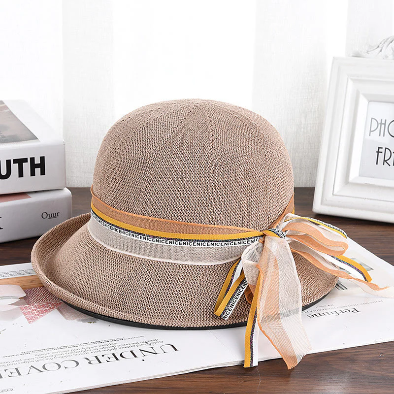 Women's Knitted Ribbon Bow Decor Bucket Hat - Image 5