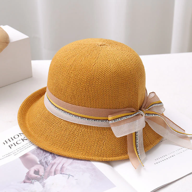 Women's Knitted Ribbon Bow Decor Bucket Hat - Image 7