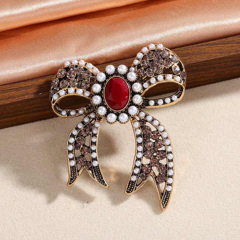 Women's Large Red Crystal Pearl Bow Knot Brooch - Image 3