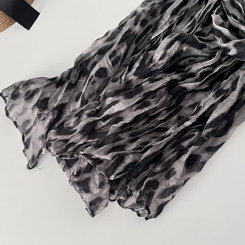Women's Leopard Print Pleated Cotton Linen Thin Autumn Scarf - Image 9