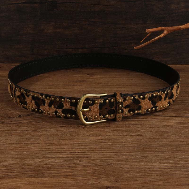 Women's Leopard Printed Vintage Rivets Leather Belt - Image 4