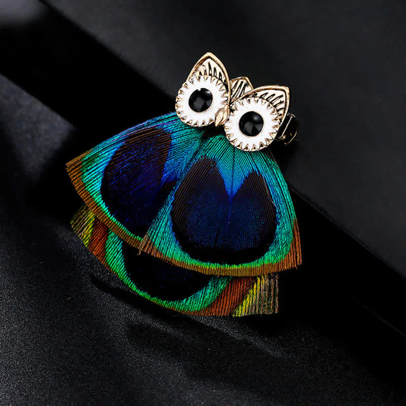 Women's Lovely Owl Peacock Feather Brooch - Image 4