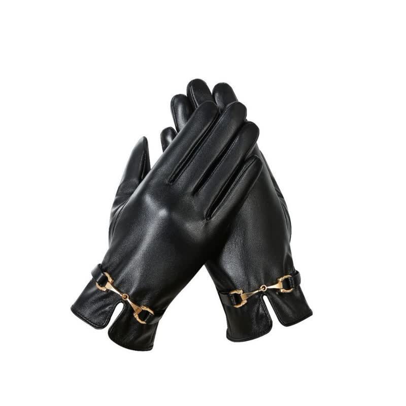 Women's Metal Decor Warm Velvet PU Leather Gloves - Image 5