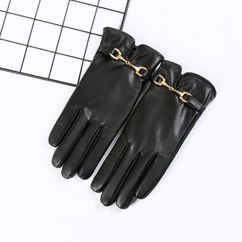 Women's Metal Decor Warm Velvet PU Leather Gloves - Image 8