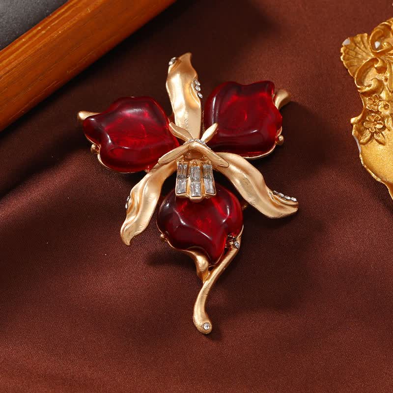 Women's Metallic Brass Orchid Resin Petal Flower Brooch - Image 4