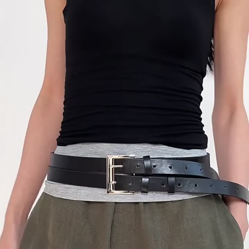 Women's Novel Double Prong Dual Strap Black Leather Belt - Image 6