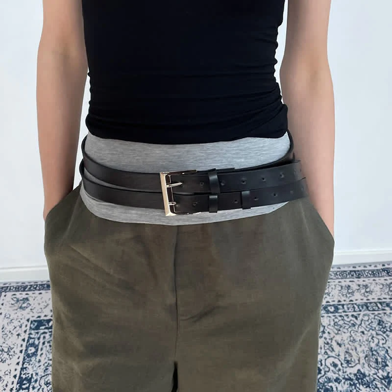 Women's Novel Double Prong Dual Strap Black Leather Belt - Image 7