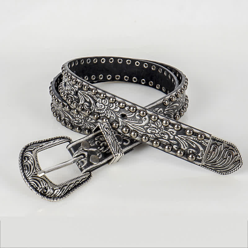 Women's Punk Engraved Floral Studded Leather Belt - Image 2