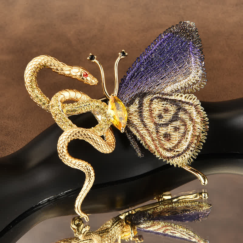 Women's Purple Embroidery Butterfly & Gold Snake Brooch - Image 2