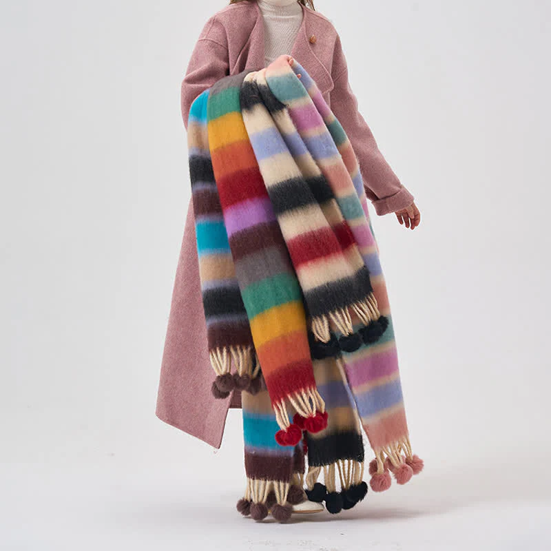 Women's Rainbow Color Striped Tassel Scarf - Image 2