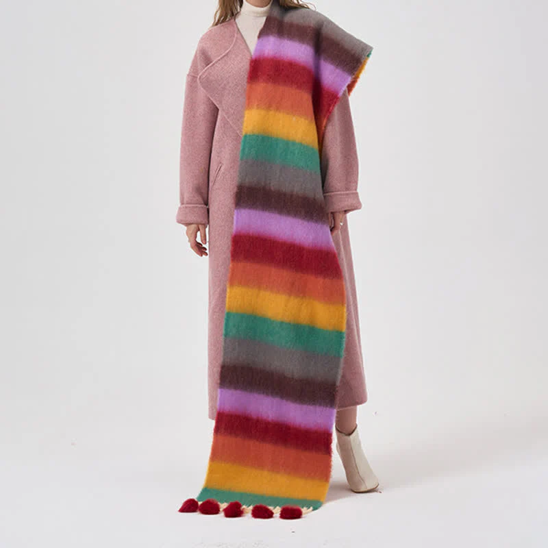 Women's Rainbow Color Striped Tassel Scarf - Image 3