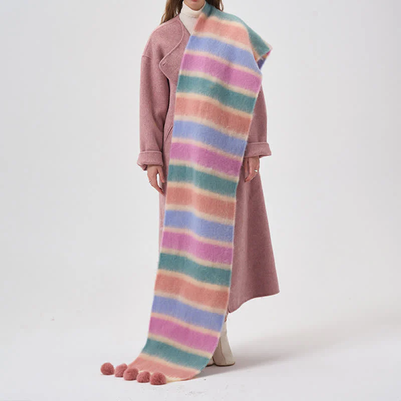 Women's Rainbow Color Striped Tassel Scarf - Image 4