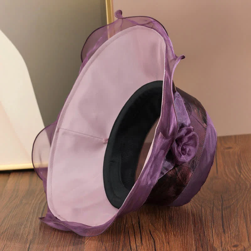 Women's Real Silk Lace Edge Floral Decor Sun Dress Hat - Image 2