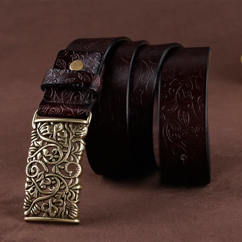 Women's Retro Embossed Hollow Flower Buckle Leather Belt - Image 4