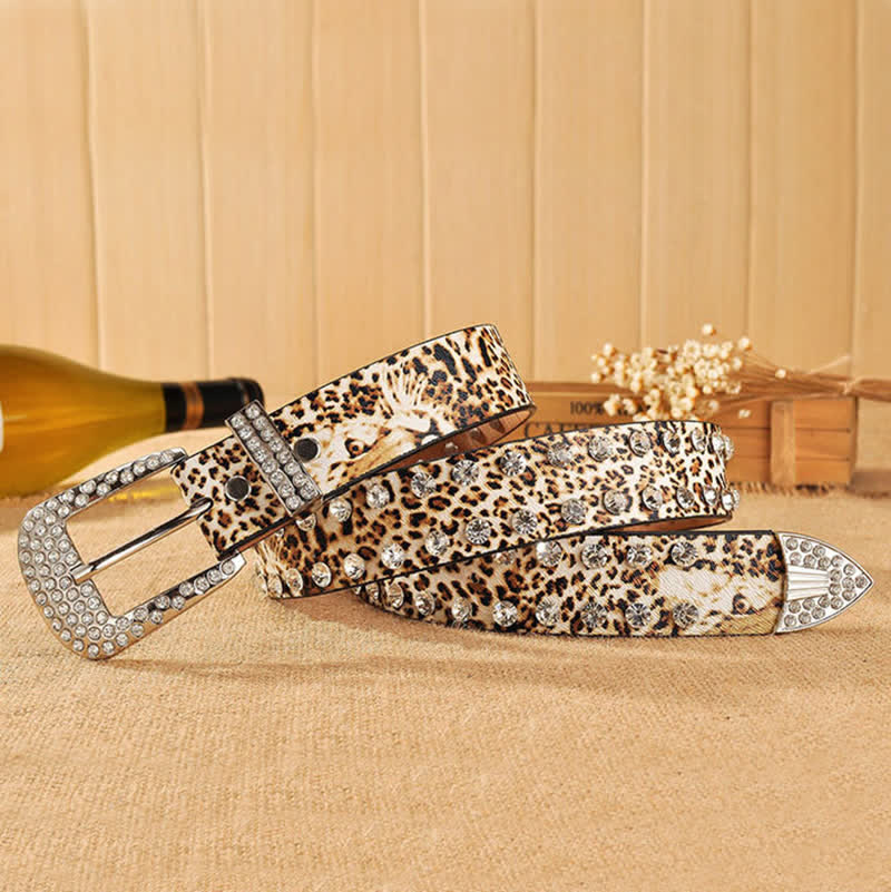 Women's Rhinestones Inlaid Leopard Print Leather Belt - Image 2