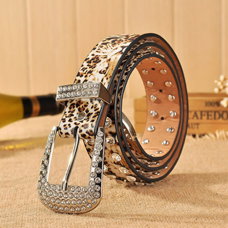 Women's Rhinestones Inlaid Leopard Print Leather Belt - Image 3