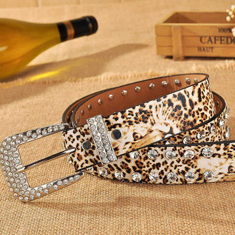 Women's Rhinestones Inlaid Leopard Print Leather Belt - Image 5