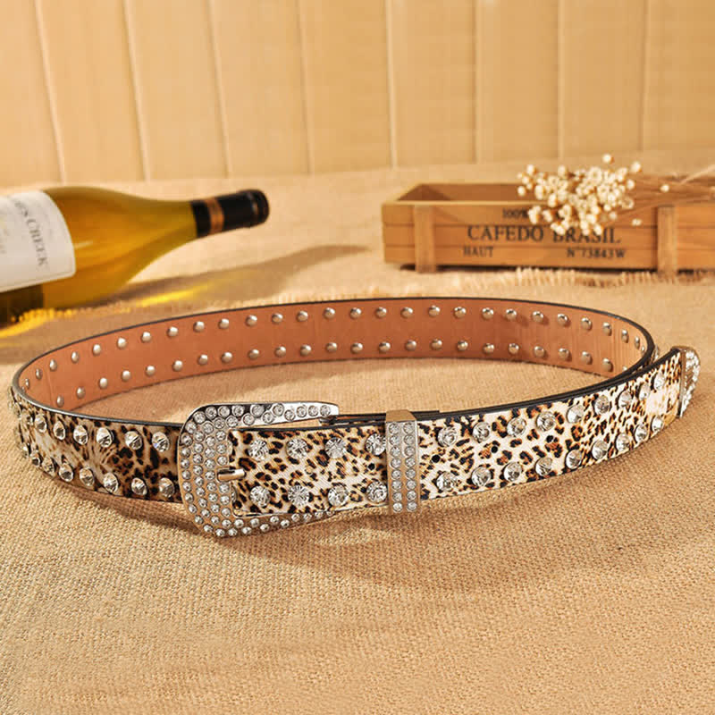 Women's Rhinestones Inlaid Leopard Print Leather Belt - Image 6