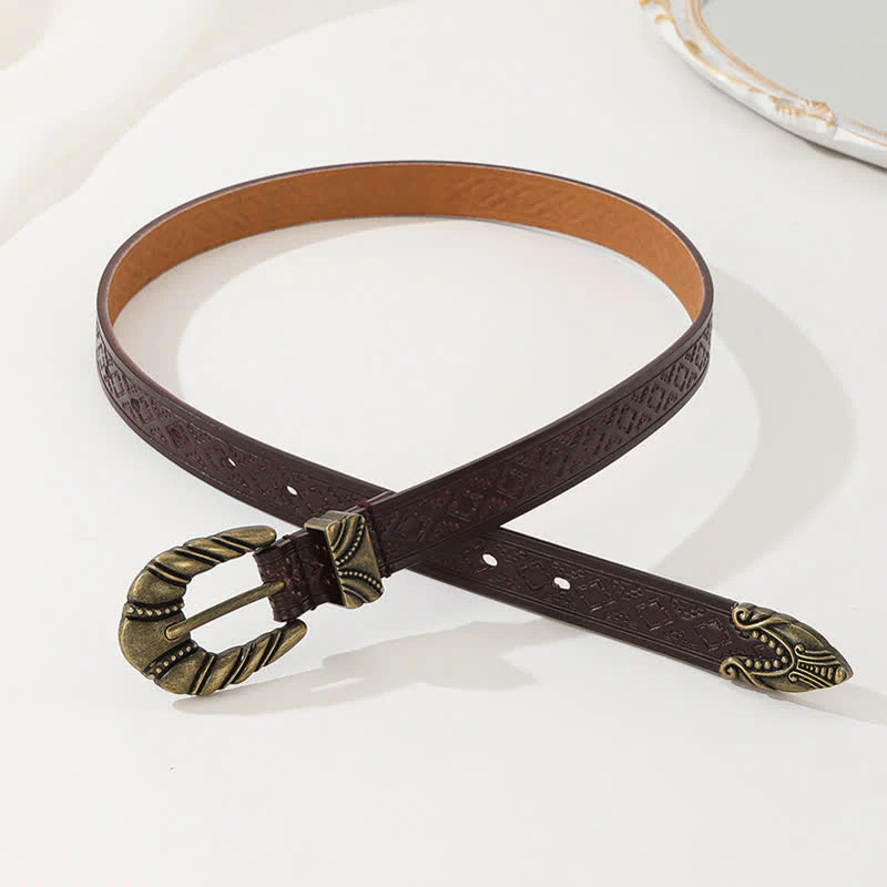 Women's Rhombus Embossed Coffee Leather Belt - Image 3