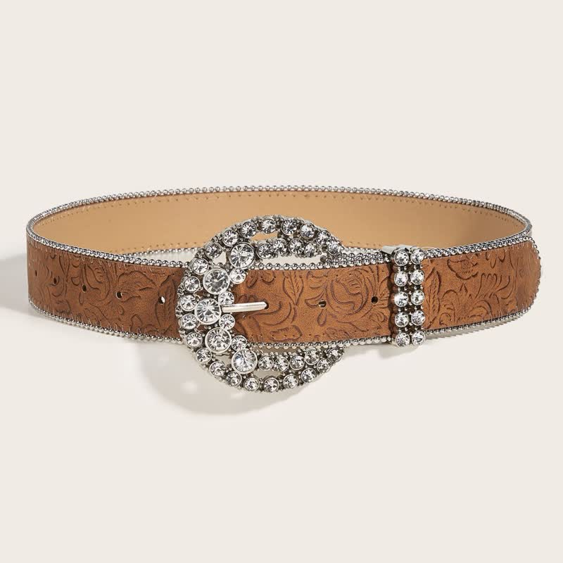 Women's Round Rhinestone Buckle Bead Edge Leather Belt - Image 3