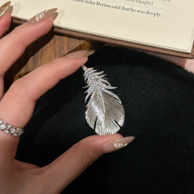 Women's Shiny Rhinestone Feather Pendant Brooch - Image 7